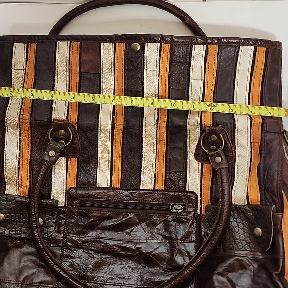 De. De Vintage Striped Brown and Orange Leather Women's XL Tote Bag - Picture 8 of 15